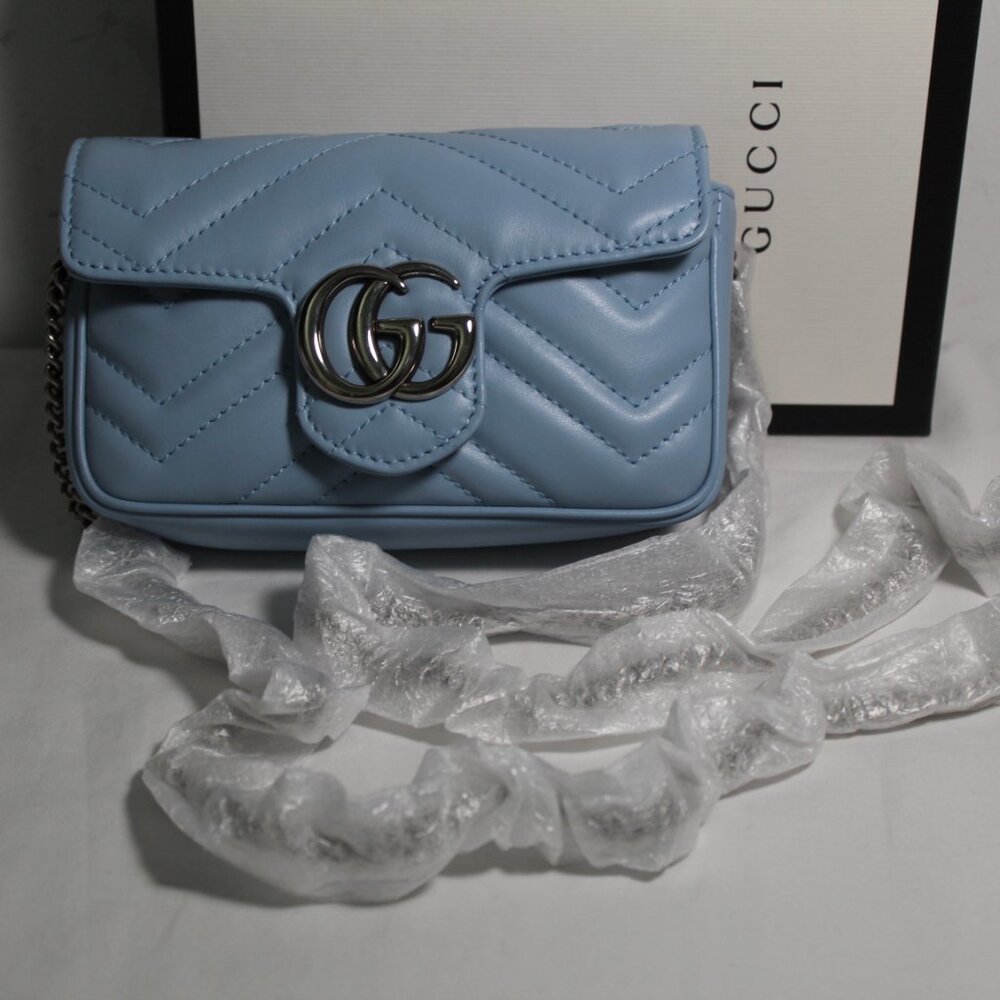 NWT Gucci GG Marmont Blue Chevron Leather Mini Crossbody Shoulder Bag 476433
